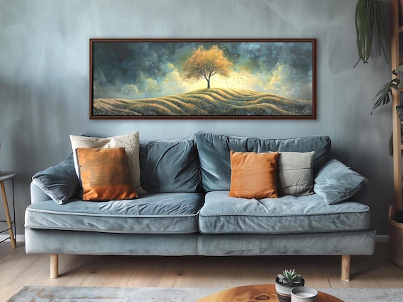 Tree of Life Artwork – Moody Amber Tree Panoramic Nature Canvas for Bedroom Decor