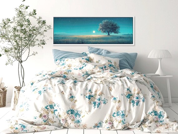 Lone Tree Starry Night Over, Tree of Life Teal Landscape Wall Art, Large Panoramic Nature Canvas Art Print, Home Decor Aesthetic Wall Art