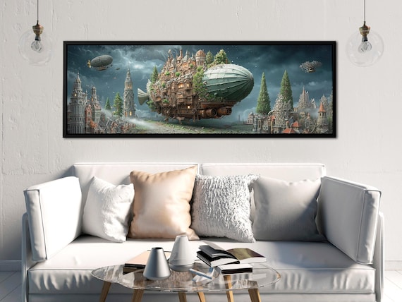 Steampunk Airship Aviation Art – Industrial Panoramic Wall Print, Sci-Fi Urban Decor, Retro Futuristic Canvas