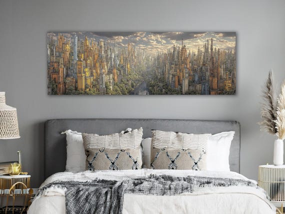 Fantasy City Panoramic Canvas Print: Surreal Floating City Sci-Fi Wall Art