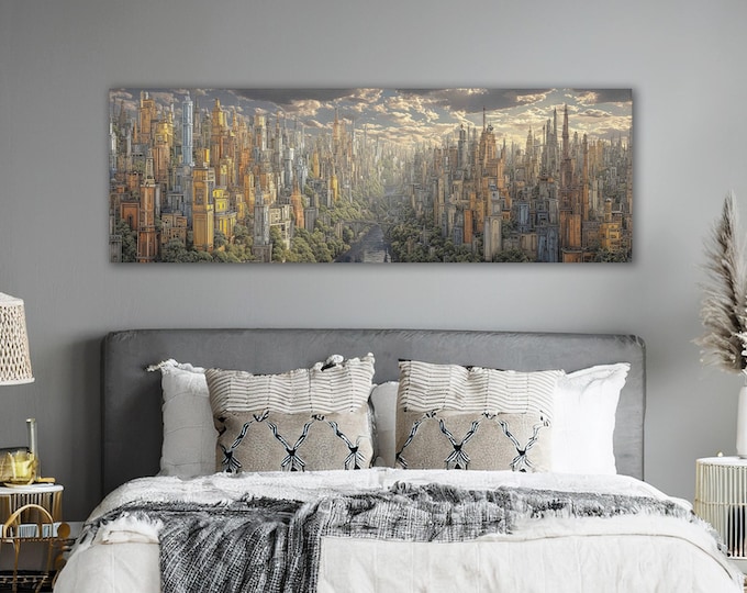 Fantasy City Panoramic Canvas Print: Surreal Floating City Sci-Fi Wall Art
