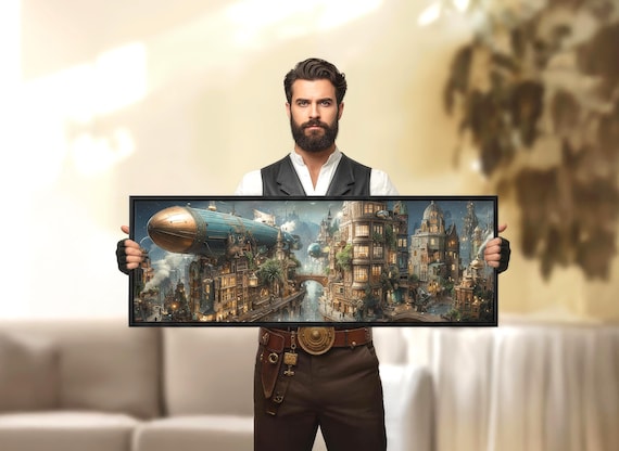 Surreal Steampunk Panoramic Canvas: Industrial Cyberpunk Decor