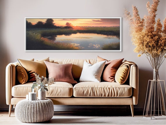 Meadow Pond Sunset Wall Art, Oil Landscape Painting On Canvas By Mela - Large Gallery Wrapped Canvas Art Prints With/Without Floating Frames