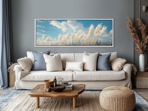 Pampas Grass Canvas Print - Long Narrow Nature Wall Art for Above Bed Decor