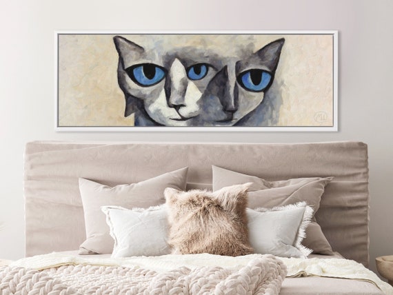 Modern Cat Art, Cubist Oil Painting On Canvas By Mela - Large Panoramic Gallery Wrapped Canvas Wall Art Prints With/Without Floating Frames.