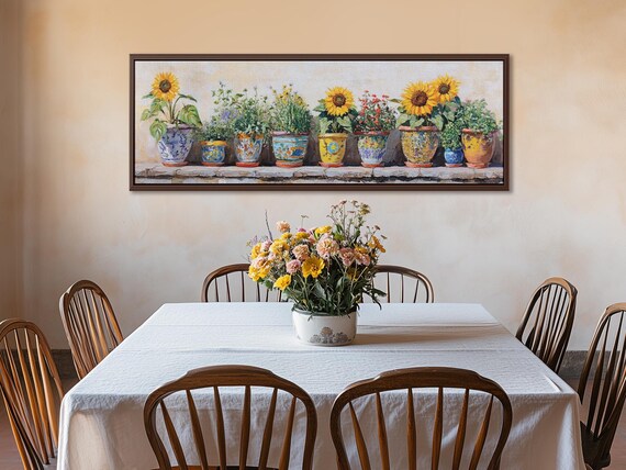 Sunflowers & Wildflowers in Painted Pots – Rustic Farmhouse Extra-Wide Canvas, Large Country Kitchen Floral Wall Art, Ready to Hang