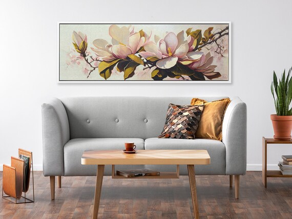 Magnolia Flowers Art, Oil Painting On Canvas By Mela - Large Panoramic Gallery Wrapped Canvas Wall Art Prints With / Without Floating Frames