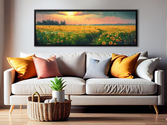 Sunflower Field Landscape Wall Art, Oil Painting On Canvas By Mela - Large Panoramic Canvas Wall Art Prints With or Without Floating Frames.