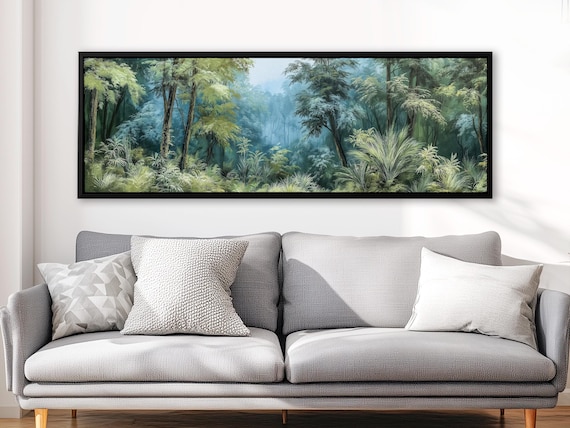Surreal Tropical Forest Canvas – Jungle Landscape in Glowing Light, 3D Fantasy Nature Scene, Extra-Wide Aesthetic Concept Art Wall Decor