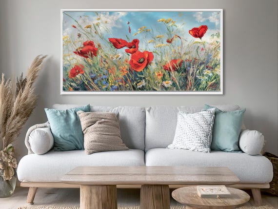 Extra Large Wall Art Wildflower Poppy Meadow Print – Rustic Floral Canvas Print, Nature-Inspired Wall Art Above Sofa Botanical Art