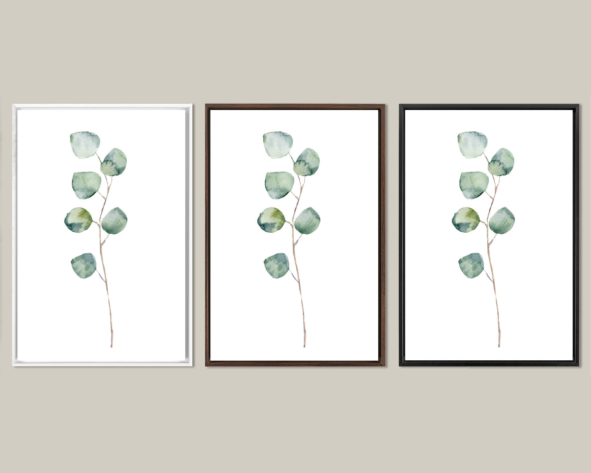 Eucalyptus branch prints, large green botanical watercolor wall art