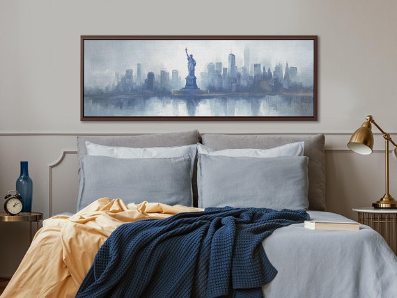 Light Blue Wall Art of Manhattan - Panoramic Canvas Print for New York City Lovers - Navy Blue Long Narrow Wall Decor for Apartment Decor