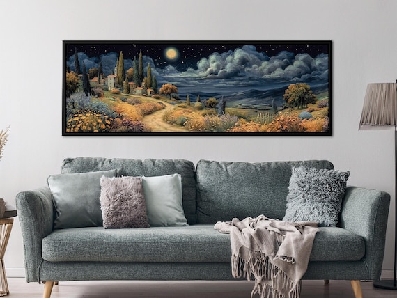 Tuscany Night Wall Art – Rustic Landscape Canvas, Panoramic Italian Countryside Print by Mela Fay, Moonlit Village, My Gallery Wall