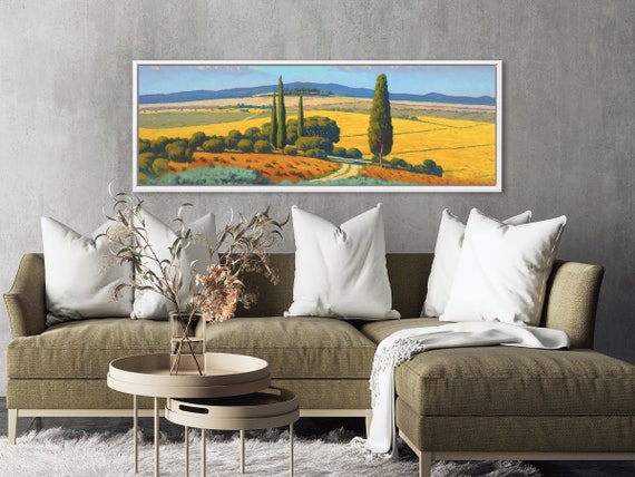 Tuscan Hills Wall Art, Oil Landscape Painting On Canvas By Mela - Large Gallery Wrapped Canvas Wall Art Prints With/Without Floating Frames.