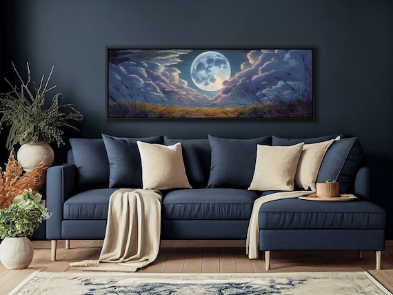 Moon, Night Sky Celestial Art, Oil Painting On Canvas By Mela - Large Gallery Wrapped Canvas Wall Art Prints With / Without Floating Frames.