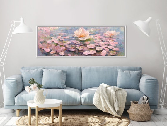 Water Lilies Flowers Wall Art, Oil Painting On Canvas By Mela - Large Gallery Wrapped Canvas Wall Art Prints With Or Without Floating Frames