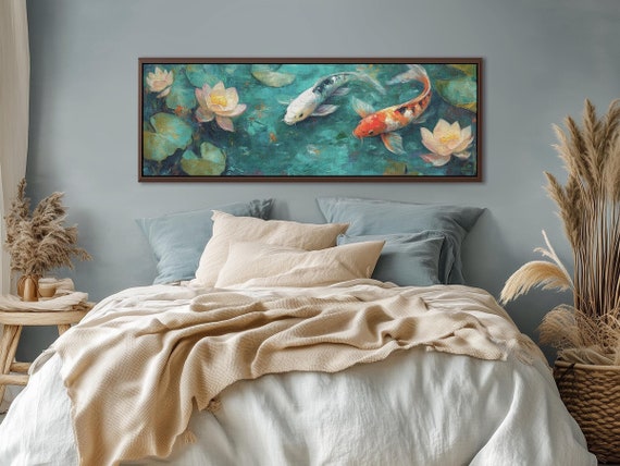 Koi Fish and Lotus – Teal Zen Wall Art for Wabi Sabi or Japandi Decor