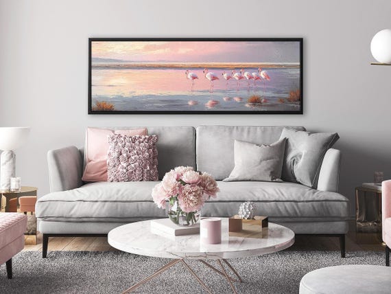 Pink Flamingo Landscape Canvas - Moody Beach Wall Art for Above Bed Decor