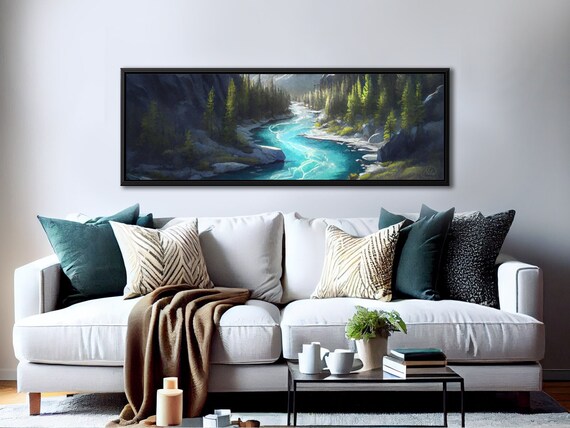 Mountain River Wall Art, Oil Landscape Painting On Canvas By Mela - Large Gallery Wrapped Canvas Wall Art Prints With/Without Floating Frame