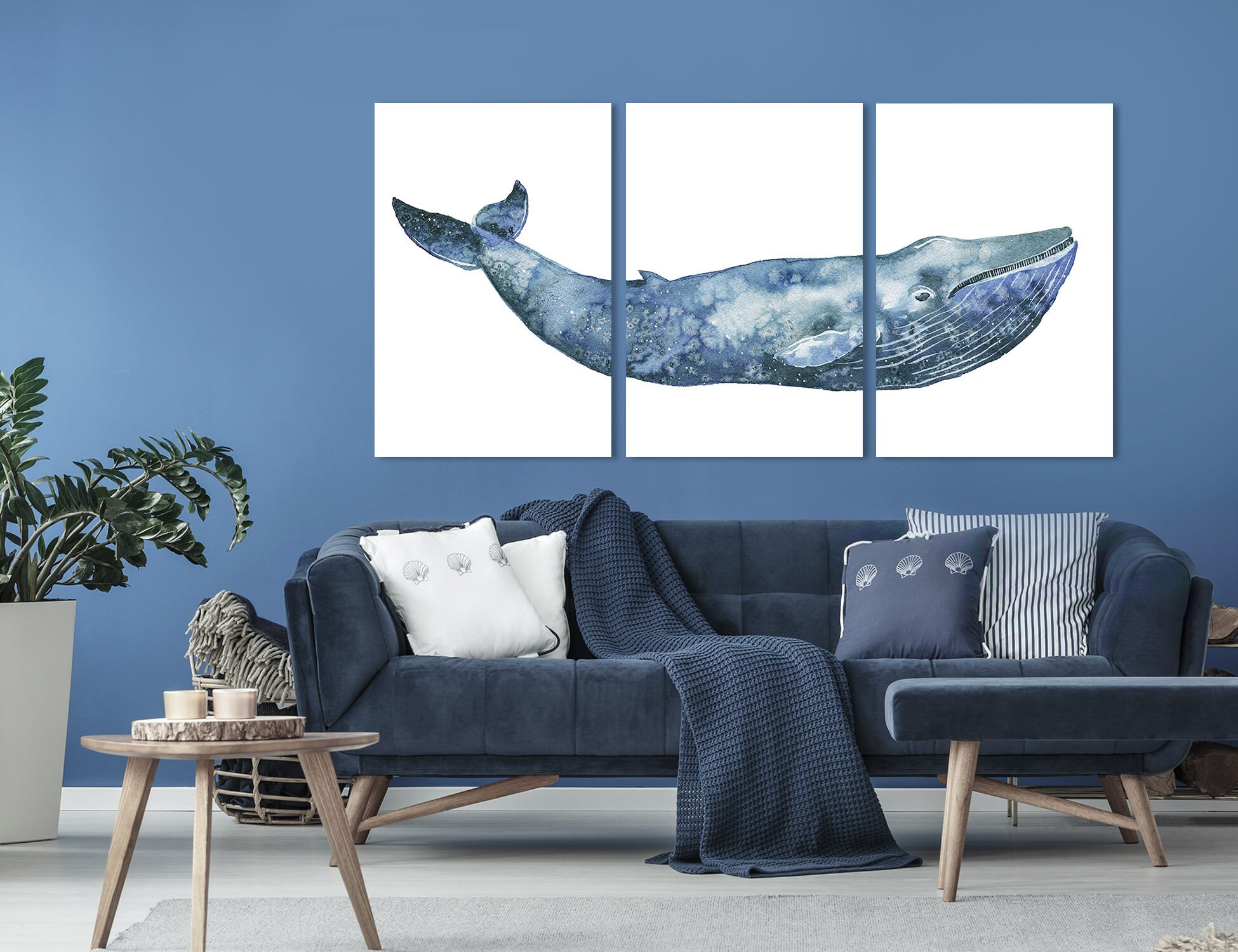 Whale art, navy blue humpback whale watercolor painting, large triptych