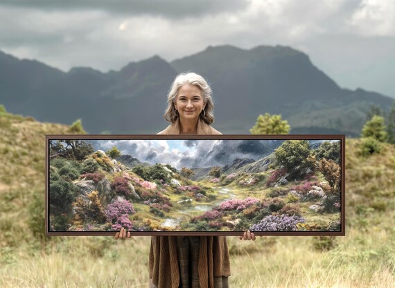 Mossy Scottish Heath Framed Canvas Print: Panoramic Mountain Landscape Wall Art