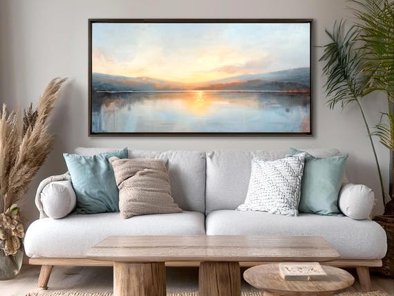 Extra Large Minimalist Lake Painting – Framed Sunset Canvas Wall Art | Mirror Lake Decor | Calming Nature Scene | Trendy Lake House Print