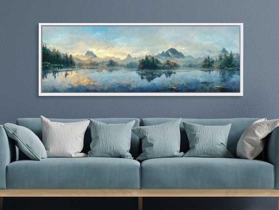 Mountain Lake Wall Art, Oil Landscape Painting On Canvas By Mela - Large Gallery Wrapped Canvas Wall Art Prints With/Without Floating Frames