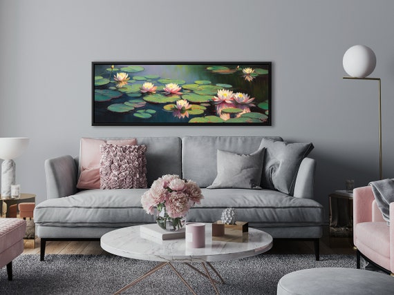 Water Lilies Flowers Wall Art, Oil Painting On Canvas By Mela - Large Gallery Wrapped Canvas Wall Art Prints With Or Without Floating Frames