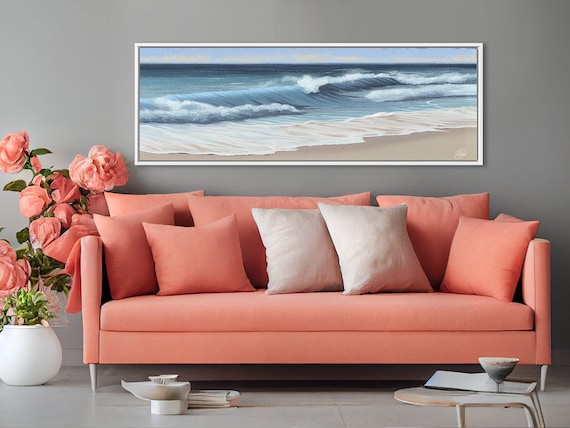 Ocean Beach Waves Coastal Wall Art, Oil Painting On Canvas By Mela - Large Panoramic Canvas Wall Art Prints With Or Without Floating Frames.
