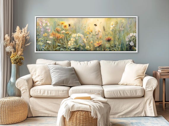 Summer Style Meadow Framed Canvas Print- Ready To Hang Cozy Home and Style, Extra Large Wall Art Modern Farmhouse Decor Aesthetic