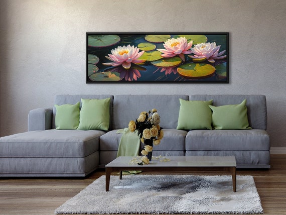 Water Lilies Flowers Wall Art, Oil Painting On Canvas By Mela - Large Gallery Wrapped Canvas Wall Art Prints With Or Without Floating Frames