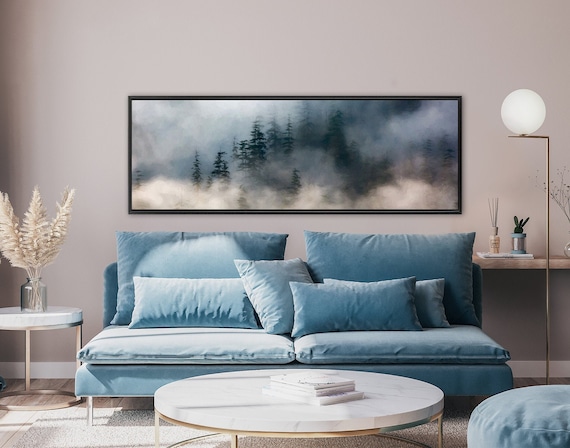 Foggy Mountain Forest, Landscape Print on Canvas - Ready To Hang Large Panoramic Canvas Wall Art Print With Or Without Floating Frame