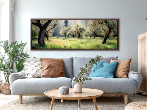 Spring Style Forest Wall Art – Oil Painting Print, Large Canvas, Framed Artwork, Above Couch or Bed Decor, Cottagecore Cozy Home and Style
