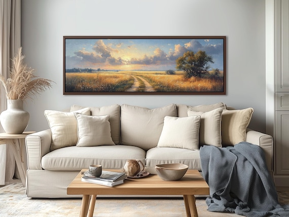 Moody Meadow Path at Sunset - Panoramic Landscape Canvas. Long Narrow Nature Wall Art