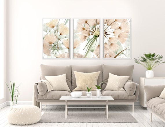 Dandelion wall art, watercolor flowers painting - set of 3 ready to hang large botanical canvas wall art prints with or without float frames