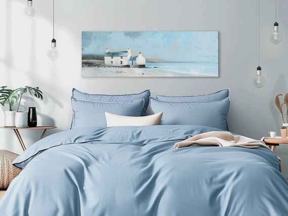 English Cottage Beach Wall Art Print on Canvas, Cottagecore Decor, Blue Wall art, Seaside Cottage Core, Calming Blue Wall Art