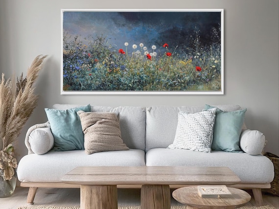 Wildflowers at Night, Wildflowers Field Landscape Wall Art Framed, Panoramic Moody Wall Art, Dark Floral Landscape Painting, Above Bed Decor