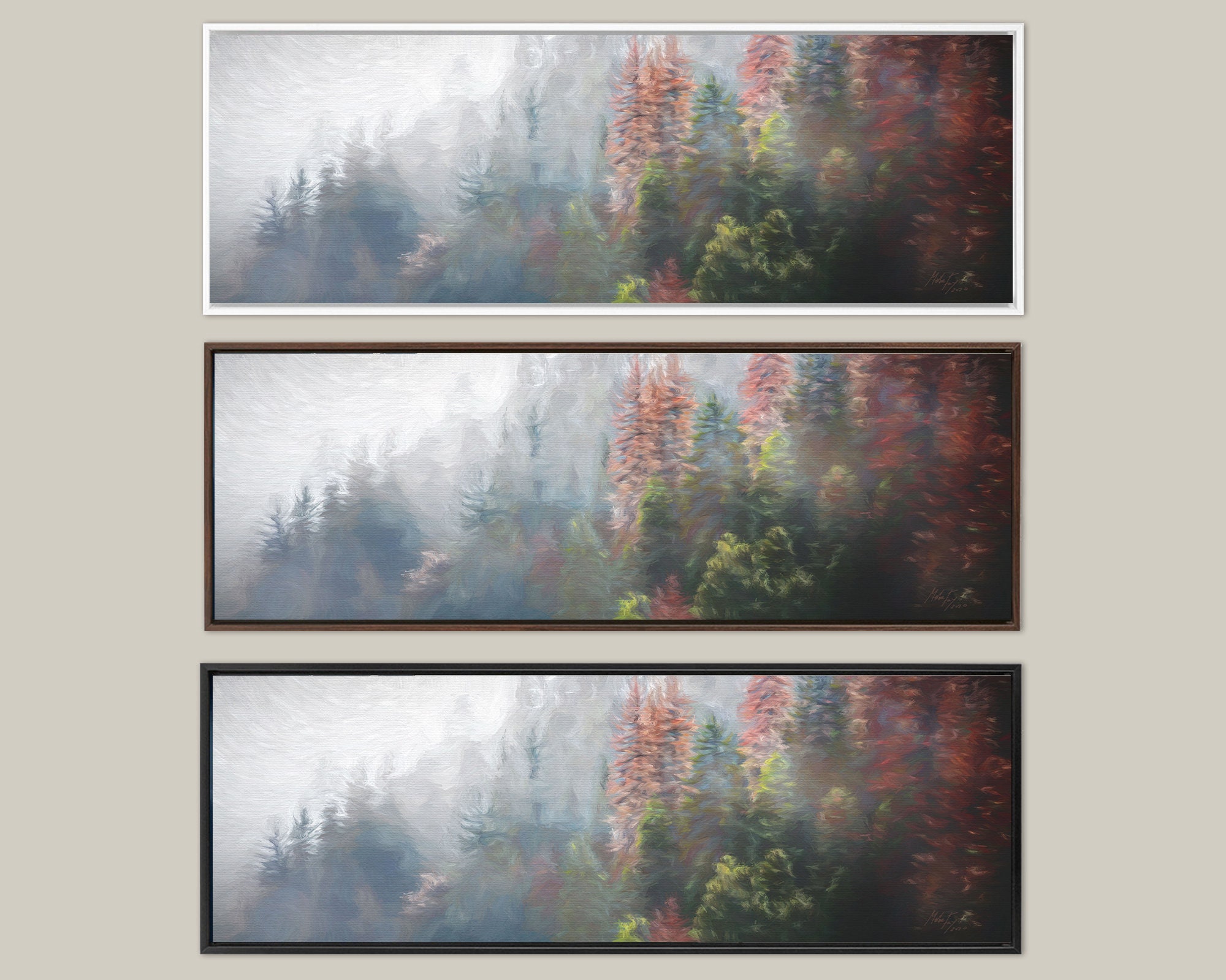 Autumn foggy mountain forest oil landscape painting on canvas ready