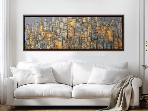 Panoramic City Wall Art – Urban Skyline Canvas, Extra Large Minimalist Print, Modern Living Room Decor