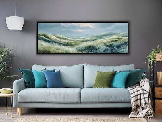 Blue and Green Wall Art Print, Large Green Wall Art, Sage Green Wall Art, Pastel Green Landscape Framed Canvas Nature Painting