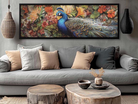 Regal Bird Canvas – Peacock Artwork | Maximalist Wall Art | Vintage Style Print | Bird Canvas Art | Library Decor | Baroque Peacock