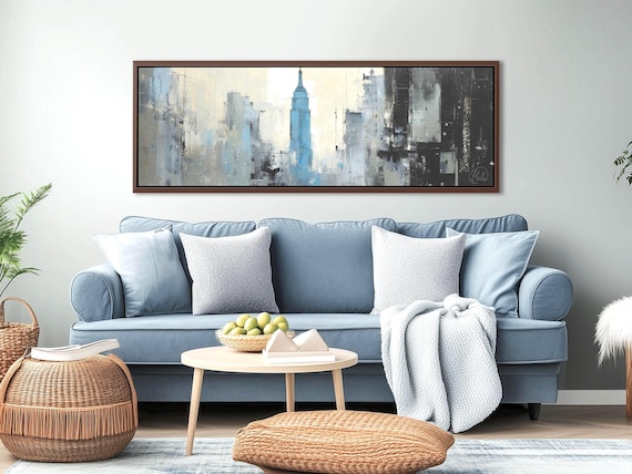 Empire State Building Canvas – Abstract City Wall Art in Gray and Blue, Large Panoramic Framed Print, Masculine Long Narrow Artwork