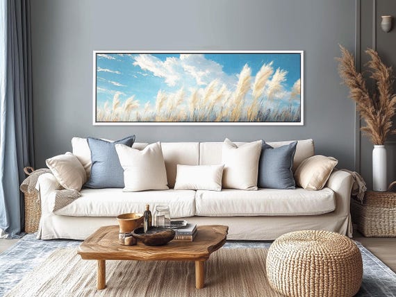 Pampas Grass Canvas Print - Long Narrow Nature Wall Art for Above Bed Decor