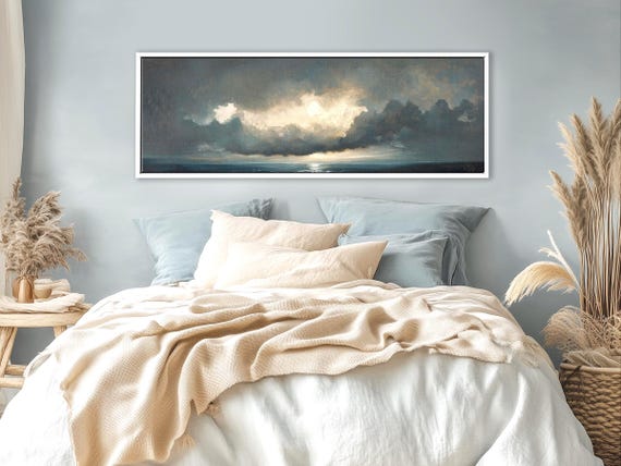 Horizontal Wall Art Night Sky Moody Canvas Art Above Bed Decor– Dark Sky Over Bed Panoramic Oil Painting Print