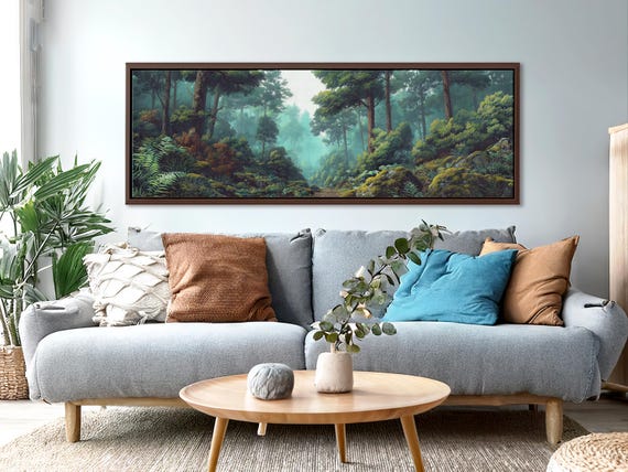 Framed Forest Panoramic Canvas Print: Teal Trees & Ferns Nature Wall Art