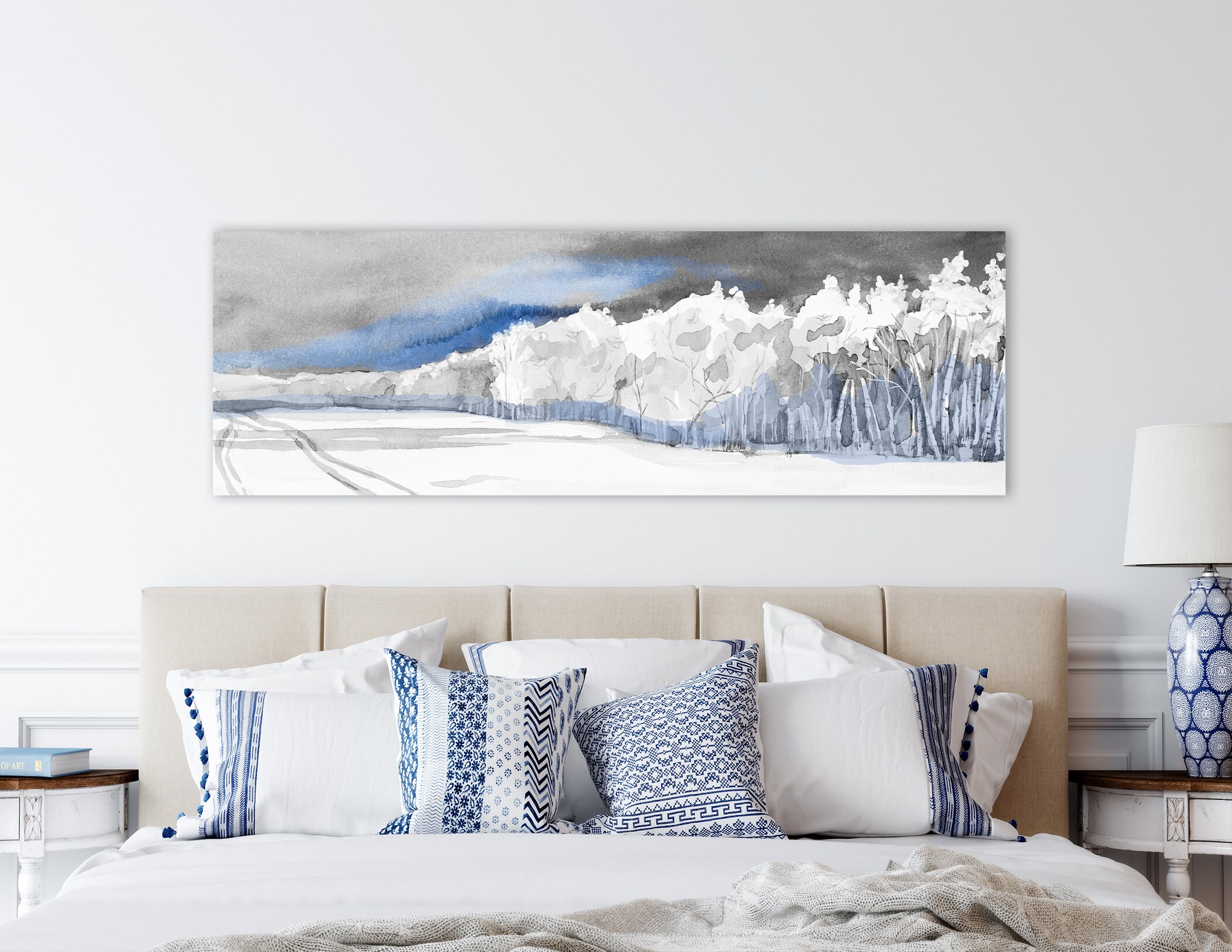 Large blue and gray watercolor forest landscape minimalist framed art