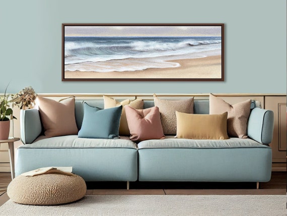 Ocean Beach Waves, Coastal Wall Art, Oil Painting On Canvas By Mela - Large Panoramic Canvas Wall Art Prints With Or Without Floating Frames