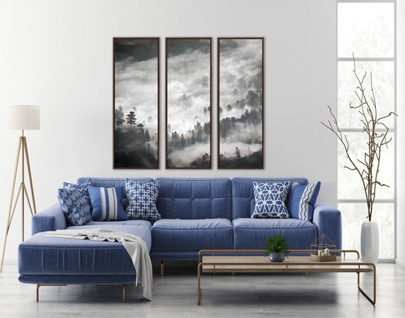 Foggy Mountain Forest. 3 Piece Wall Art On Canvas - Ready to Hang Large Wall Decor Art Prints With Or Without Floating Frames.
