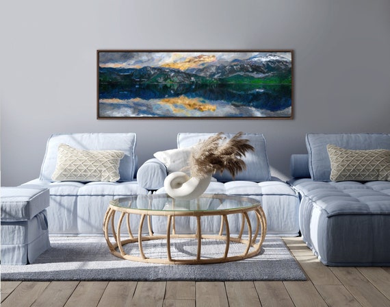 Mountain Mirror Lake Landscape, Oil Painting On Canvas by Mela - Large Gallery Wrapped Canvas Wall Art Prints With Or Without Floating Frame