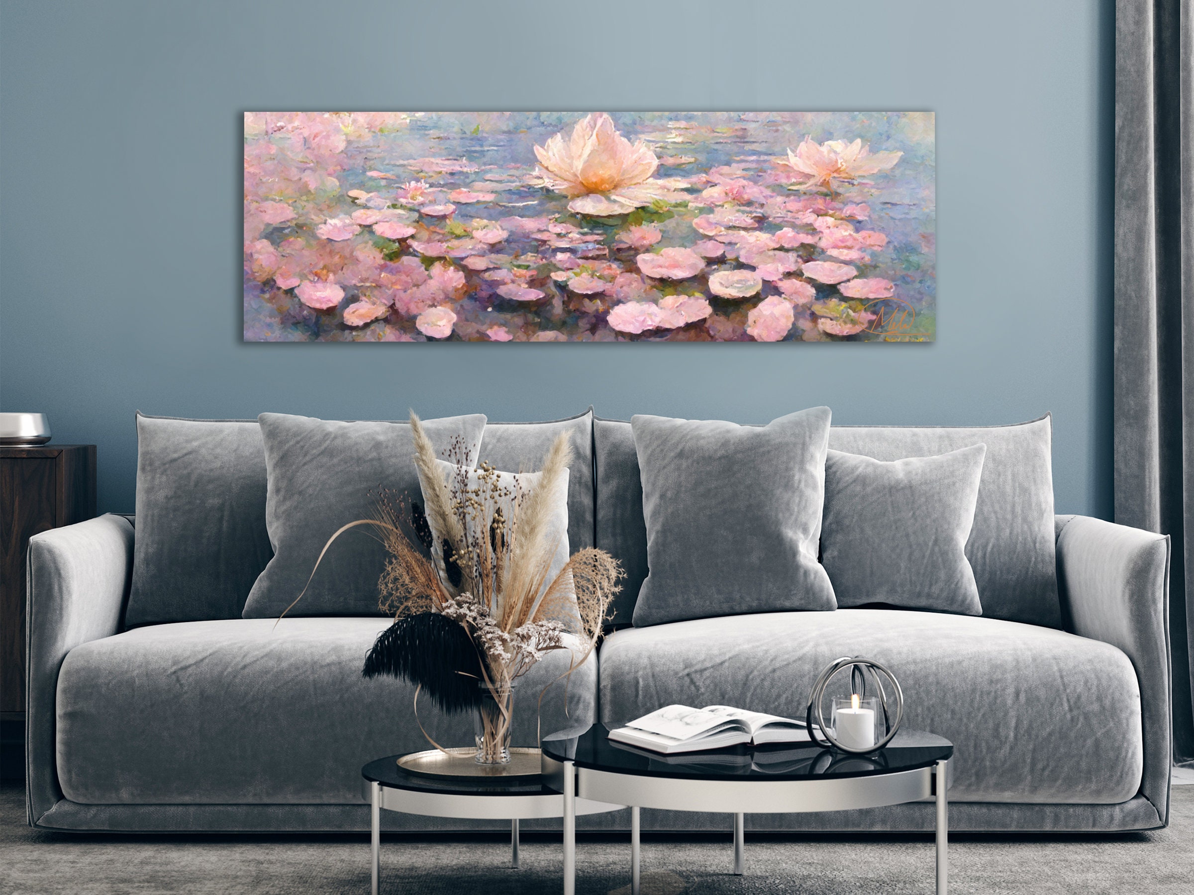 Water Lilies Flowers Wall Art, Oil Painting On Canvas By Mela - Large ...